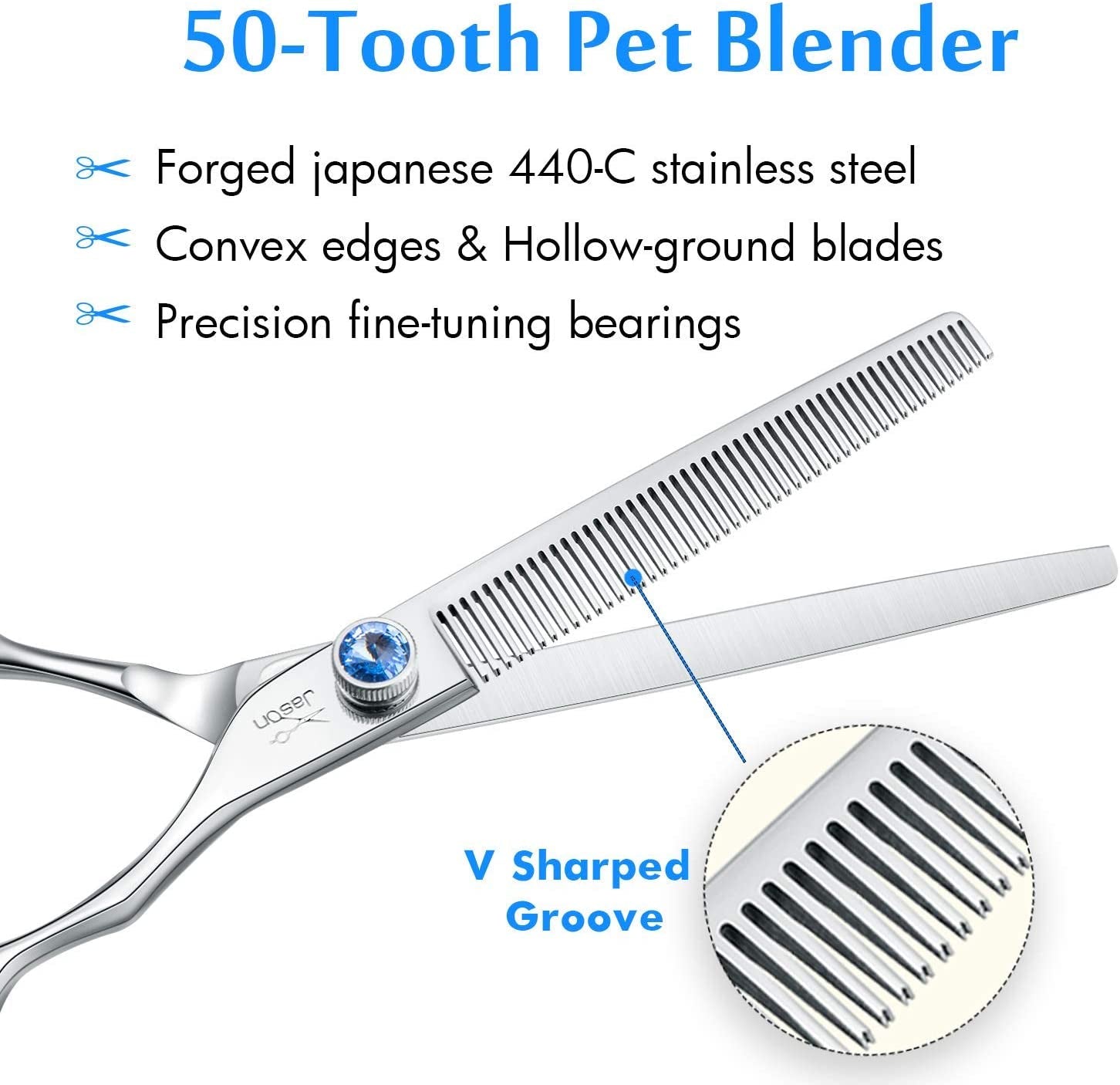 7" 50 Teeth Thinning Dog Grooming Blending Scissor, Ergonomic Pet Grooming Thinner Blender Shears Cat Trimming Texturizing Kit with Offset Handle and a Jewelled Screw, 30% Thinning Rate