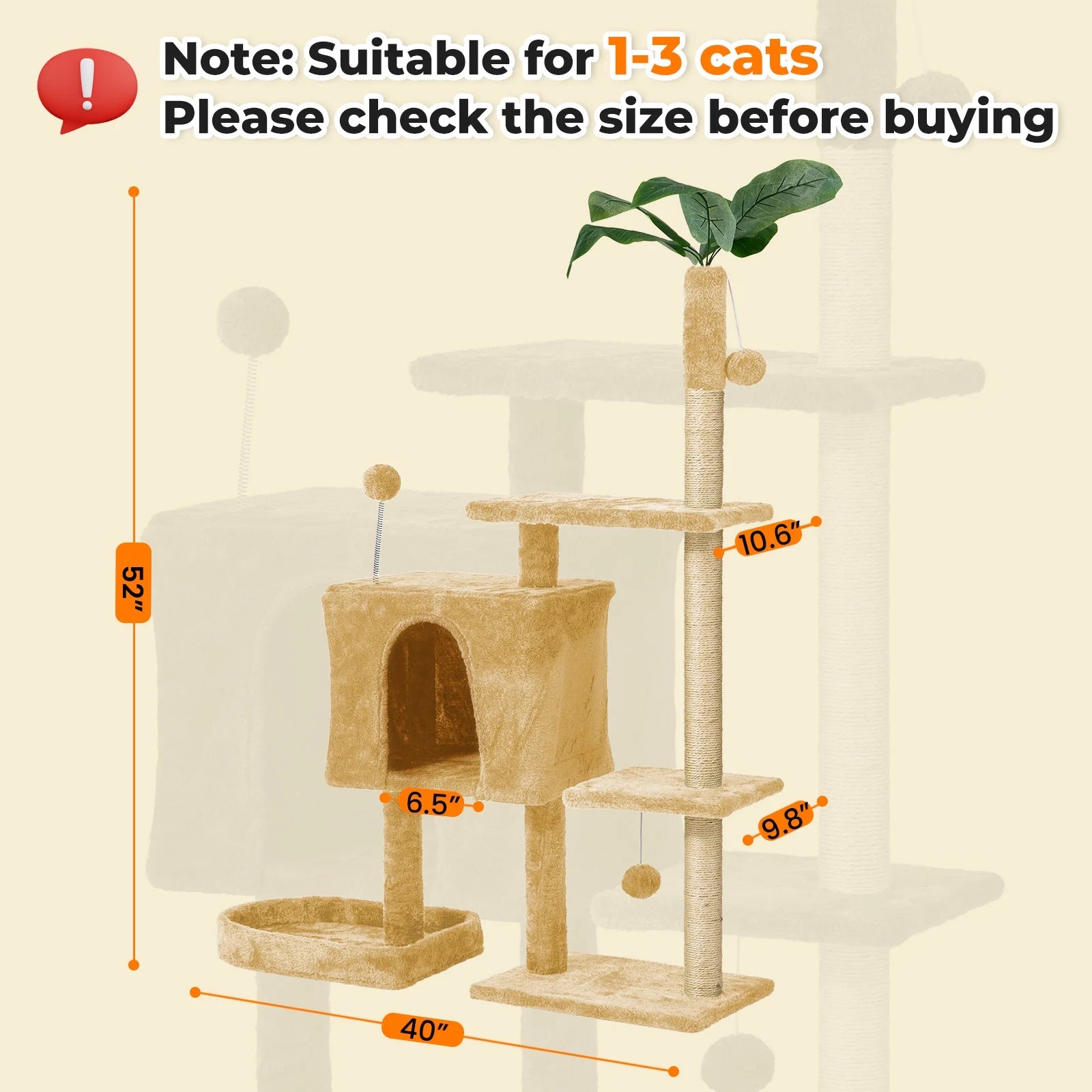 Cat Tree,52" Cat Tower for Indoor Cats, Cat Tree with Scratching Posts Plush Perch Stand, Cat Condo with Funny Toys Kittens Pet Play House,Beige