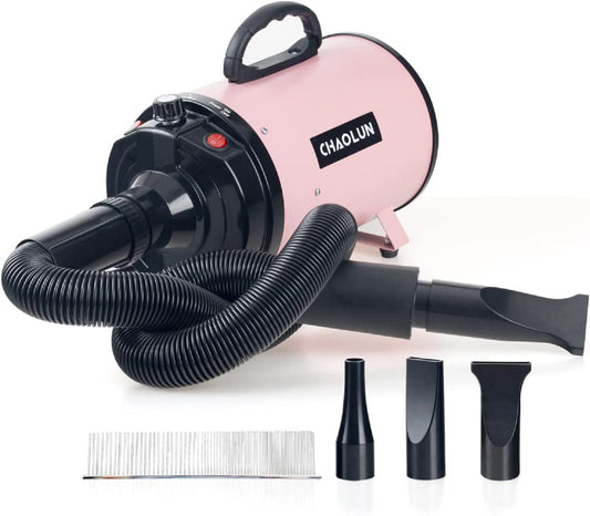 Dog Dryer, Dog Blow Dryer, High Velocity Professional Pet Grooming Dryer, Dog Hair Dryer with Heater, Stepless Adjustable Speed, 3 Different Nozzles and a Comb, Pink