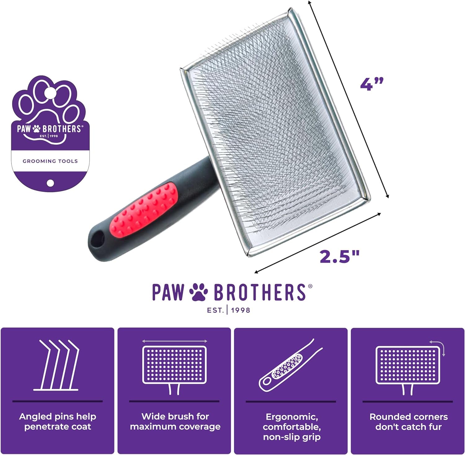 Paw Brothers Soft Pin Flat Slicker Brush for Dogs, Professional Grade Brush for Large Dogs, Coated Tips, Gentle on Skin, Remove Tangles and Mats, Maximum Coverage, X-Large