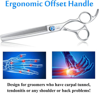 7" 50 Teeth Thinning Dog Grooming Blending Scissor, Ergonomic Pet Grooming Thinner Blender Shears Cat Trimming Texturizing Kit with Offset Handle and a Jewelled Screw, 30% Thinning Rate